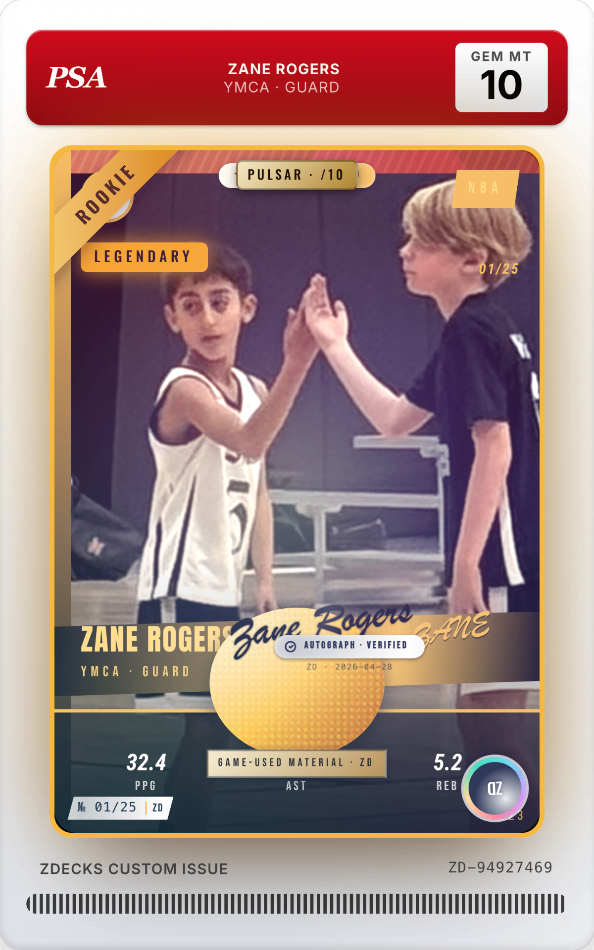Zane Rogers — ZDecks custom legendary rookie card, PSA Gem Mint 10 slab